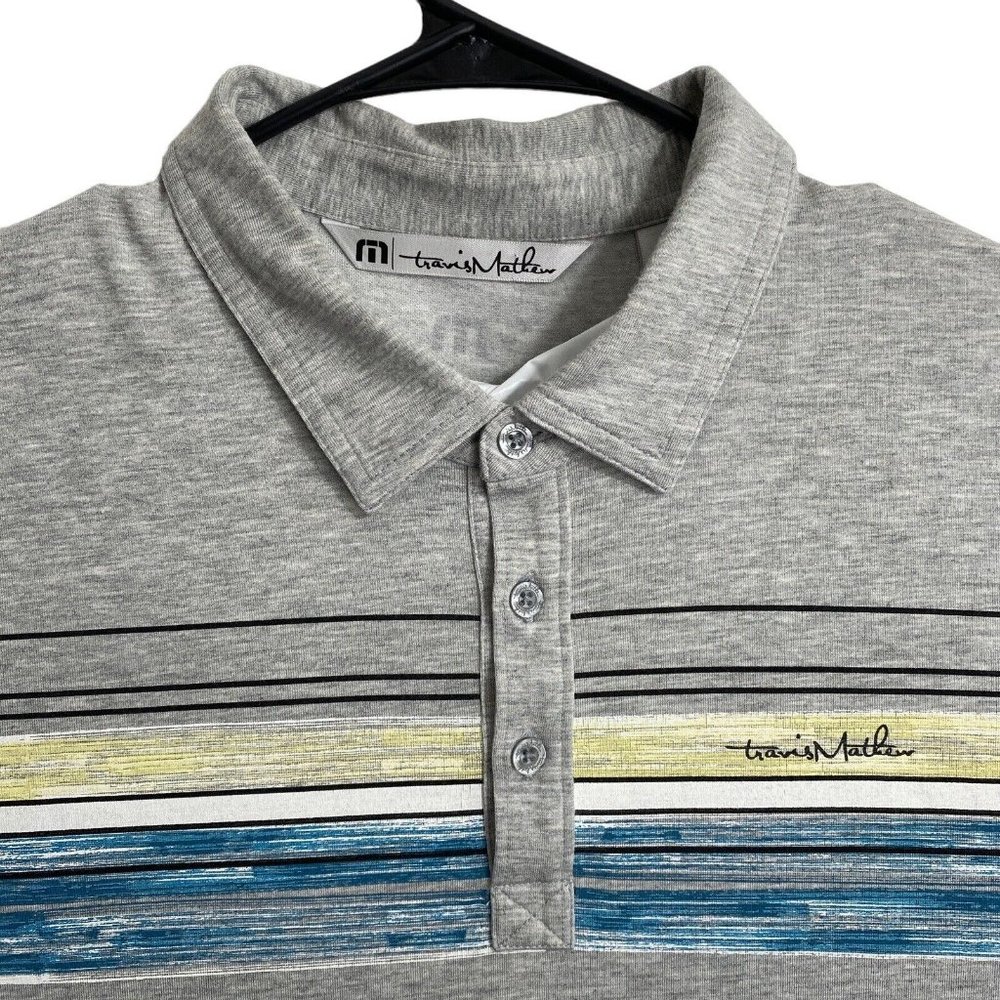 TravisMathew Heather Grey Polo with Blue and Yellow Stripes